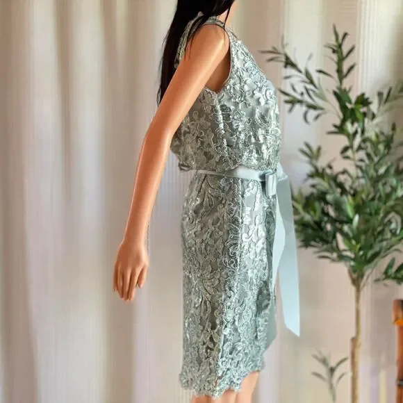 NWT Tadashi Shoji Ice Green Sequin Lace Dress Cocktail Dress Ribbon‎ Belt Size 6 - Picture 3 of 12